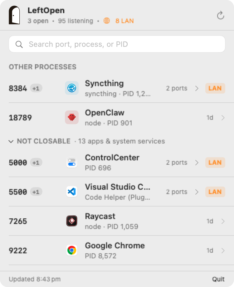 The LeftOpen menu bar panel showing listening ports and their owners